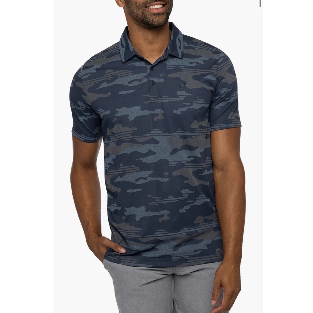 TravisMathew Polo Shirt Mens L Blue Camo 1MY588 Pima Cotton Blend Golf Top
